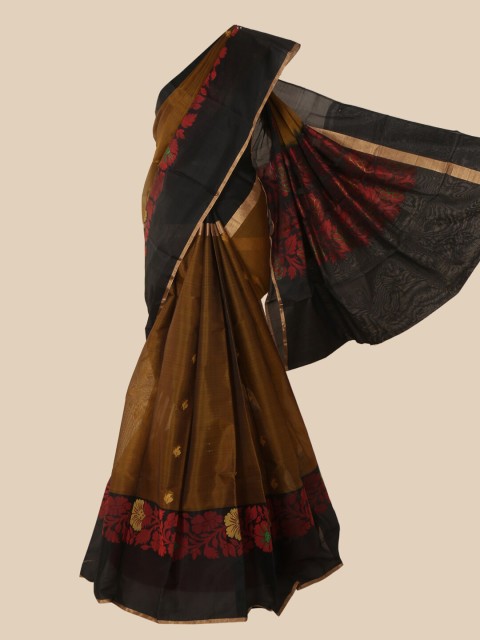 

Pothys Mustard Yellow & Black Floral Zari Pure Silk Kanjeevaram Saree