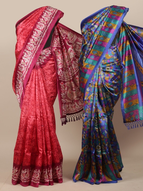 

Pothys Pack of 2 Pink & Blue Ethnic Motifs Printed Jute Silk Saree