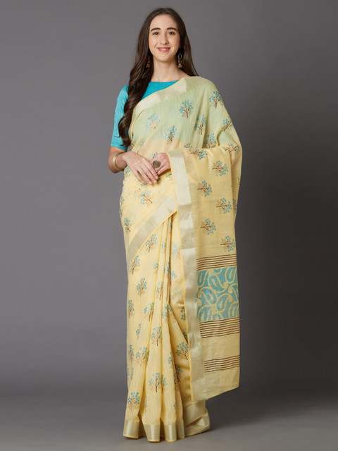 

Mitera Yellow & Blue Floral Cotton Blend Saree
