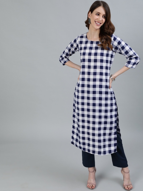 

AASI - HOUSE OF NAYO Women Navy Blue & White Checked Thread Work Crepe Kurta