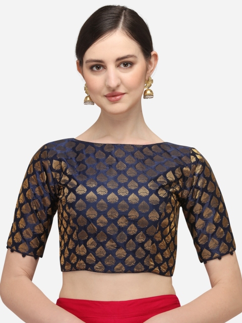 

Fab Dadu Women Navy Blue & Gold-Tone Woven Design Jacquard Saree Blouse