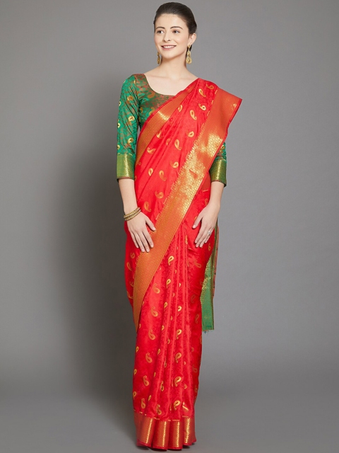 

Mitera Red & Gold-Toned Woven Design Zari Silk Blend Banarasi Saree