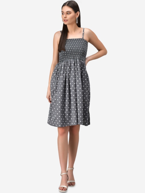 

Darzi Women Grey Polka Dots Printed Smocked Fit & Flare Dress