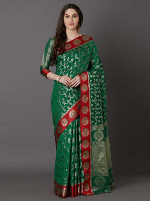 

Mitera Green & Red Woven Design Silk Blend Banarasi Saree