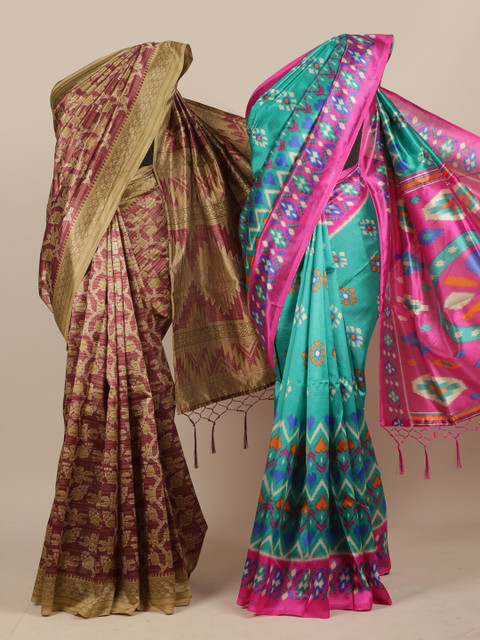 

Pothys Set of 2 Gold & Sea Green Ethnic Motifs Jute Silk Sarees