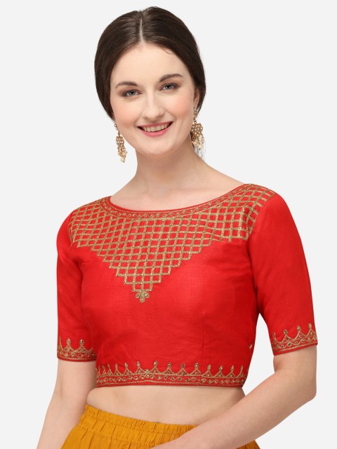 

Fab Dadu Women Red & Gold-Coloured Embroidered Silk Saree Blouse