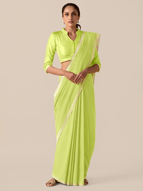 

Taneira Lime Green Zari Pure Cotton Taant Saree