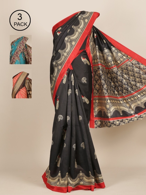 

Pothys Pack of 3 Ethnic Motifs Jute Silk Saree, Black