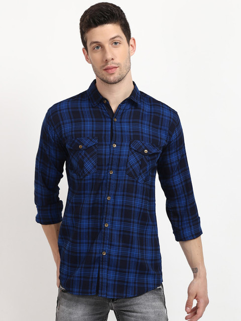 

V2 Value & Variety Men Navy Blue Tartan Checks Checked Cotton Casual Shirt