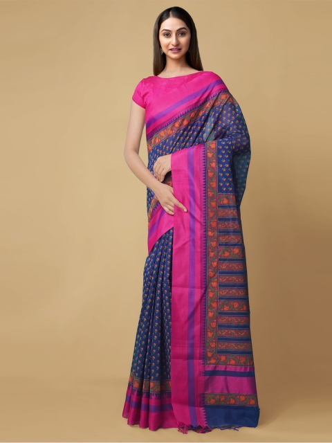 

Unnati Silks Blue & Pink Floral Silk Cotton Chanderi Handloom Saree