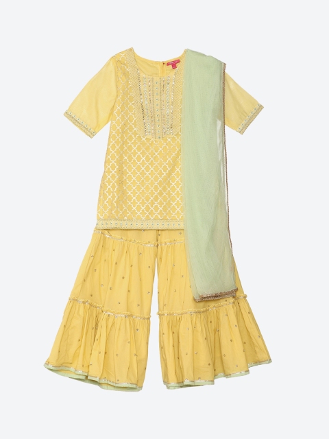 

Biba Girls Yellow Ethnic Motifs Printed Kurti with Sharara & Dupatta