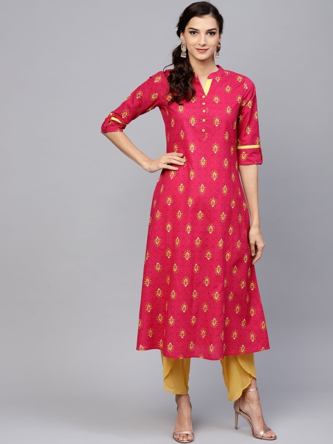 GERUA Women Pink Geometric Printed Thread Work Kurta