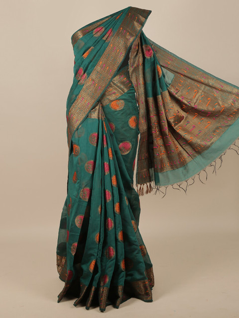 

Pothys Green & Orange Ethnic Motifs Zari Jute Silk Saree