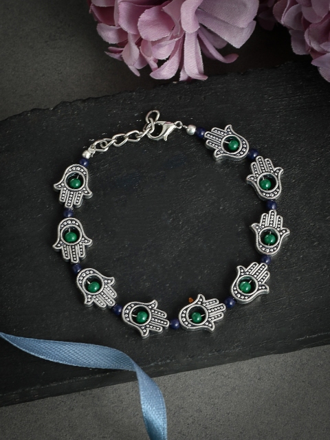 

Silvermerc Designs Silver Toned Blue & Green Beaded Handcrafted Hamsa Cetic Anklet