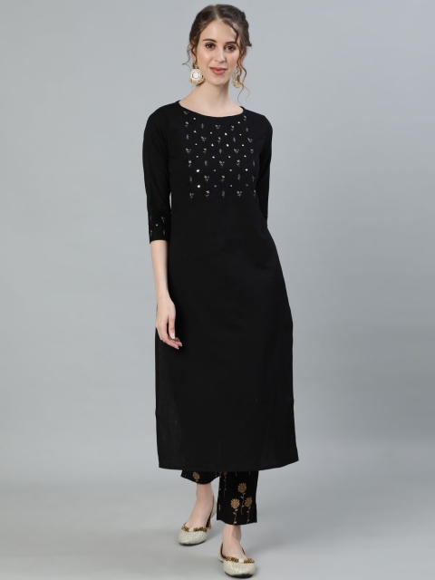 

Ishin Women Black Yoke Design Pleated Pure Cotton Kurti with Trousers