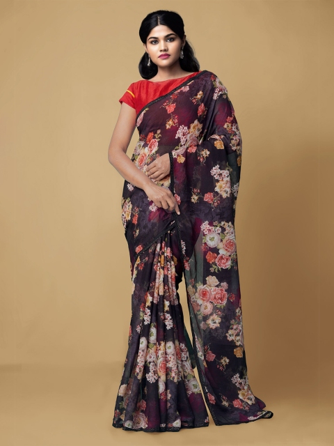 

Unnati Silks Black Floral Printed Poly Chiffon Saree
