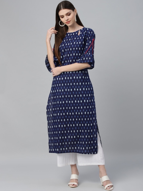 

Libas Women Blue Geometric Printed Keyhole Neck Flared Sleeves Kurta
