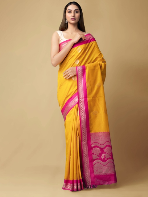 

Unnati Silks Orange & Pink Woven Design Zari Silk Cotton Baluchari Saree