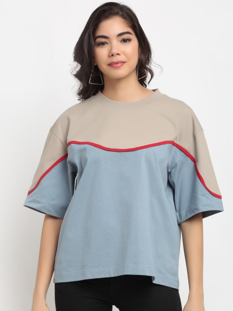 

Bhaane Blue Colourblocked Extended Sleeves Boxy Top