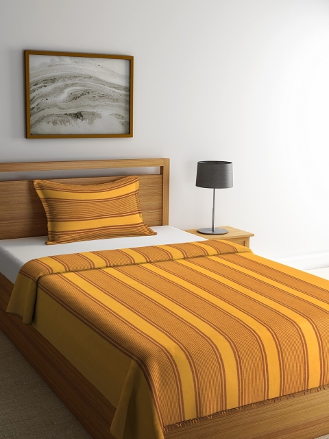 

NEUDIS Yellow & Brown Striped Pure Cotton Single Bed Cover With 1 Pillow Cover