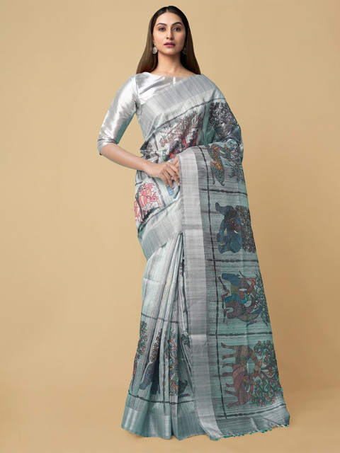 

Unnati Silks Green & Silver-Toned Kalamkari Silk Cotton Chanderi Handloom Saree
