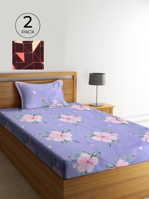 

KLOTTHE Purple & Pink Floral 210 TC Cotton 2 Single Bedsheet with 2 Pillow Covers
