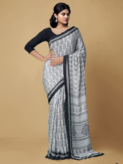 

Unnati Silks White & Navy Blue Floral Block Print Saree