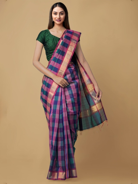 

Unnati Silks Multi & Blue Checked Pure Cotton Venkatgiri Saree