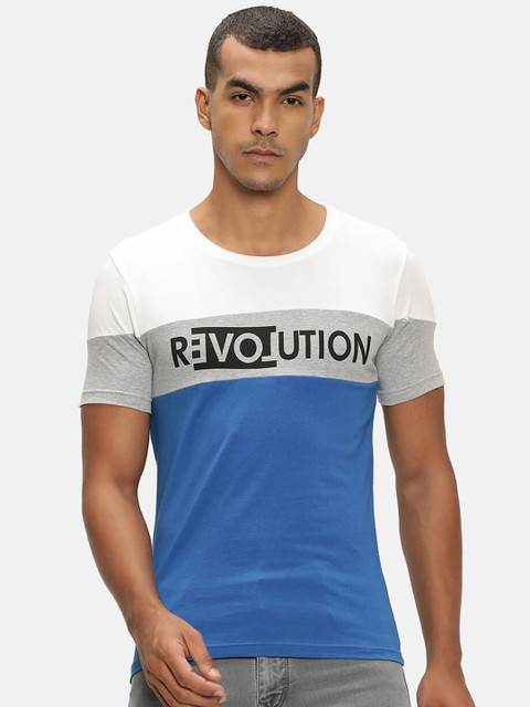 

V2 Value & Variety Men Blue & White Typography Colourblocked T-shirt