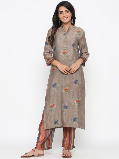 

Ardozaa Women Grey Floral Printed Chanderi Silk Kurta with Palazzos