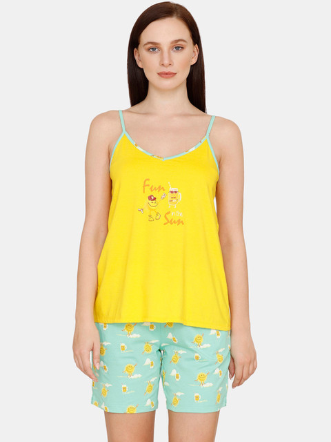 

Zivame Women Yellow & Sea Green Printed Cotton Night Suit