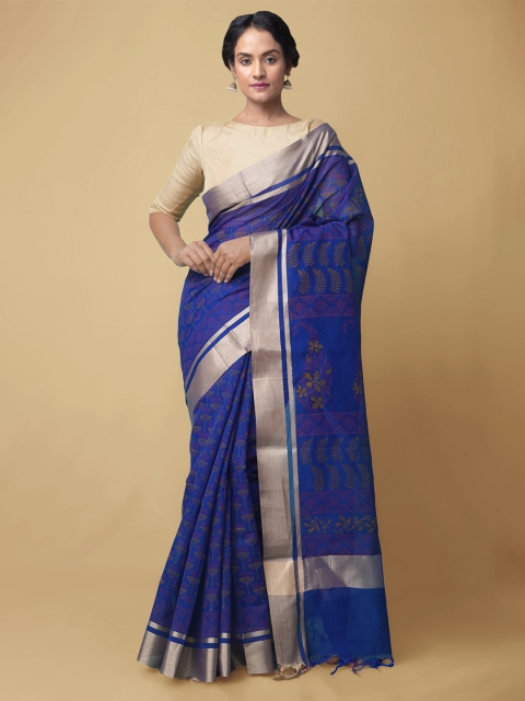 

Unnati Silks Blue & Gold-Toned Zari Silk Cotton Chanderi Saree