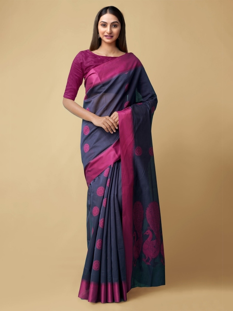 

Unnati Silks Navy Blue & Pink Woven Design Silk Cotton Baluchari Saree