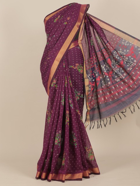 

Pothys Violet & Gold-Toned Floral Zari Saree