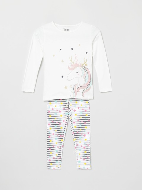 max Girls White & Navy Blue Printed Cotton Night Suit