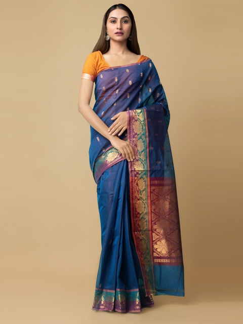 

Unnati Silks Blue & Maroon Woven Design Zari Silk Cotton Handloom Venkatgiri Saree