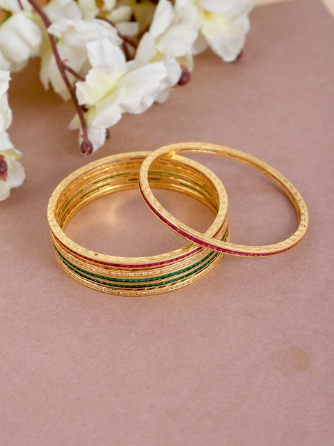 

Silvermerc Designs Set Of 6 Gold-Plated Pink Faux Ruby-Studded Green Emerald-Studded & White AD-Studded Jadau Bangles
