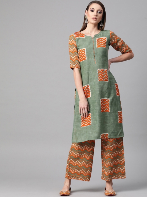

GERUA Women Green Printed Linen Kurta with Palazzos