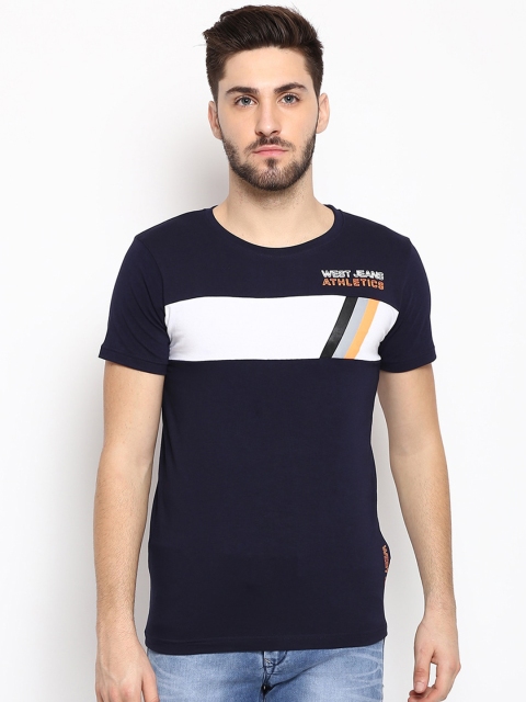 

V2 Value & Variety Men Navy Blue & White Colourblocked T-shirt