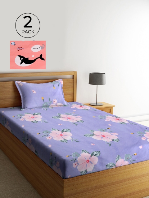 

KLOTTHE Pack of 2 Floral 210 TC Cotton Single Bedsheet with 2 Pillow Covers, Purple