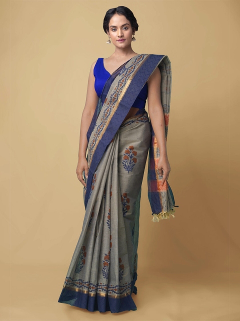 

Unnati Silks Grey & Blue Floral Printed Pure Cotton Mangalagiri Saree