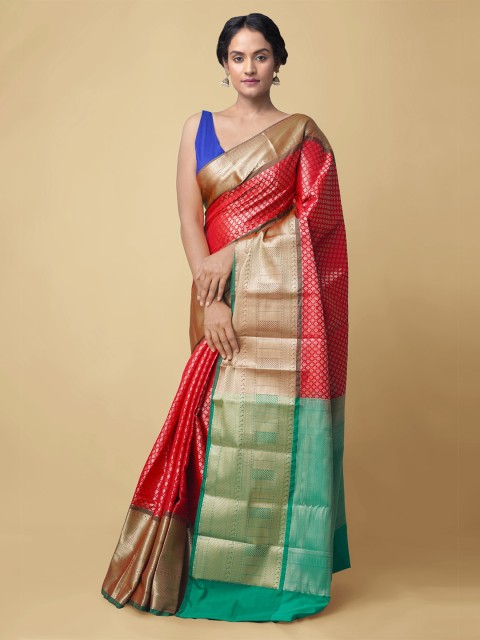 

Unnati Silks Red & Green Ethnic Motifs Zari Silk Cotton Banarasi Saree