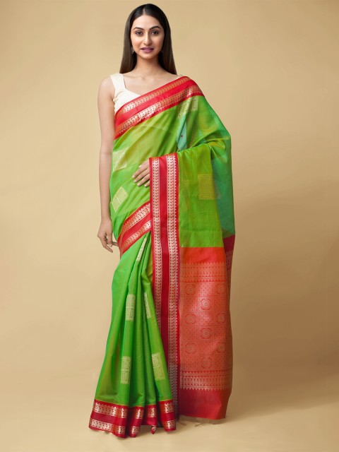 

Unnati Silks Green & Red Woven Design Zari Silk Cotton Baluchari Saree