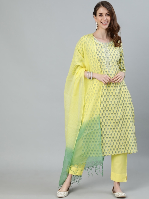 

Ishin Women Yellow Ethnic Motifs Printed Pure Cotton Kurta with Trousers & With Dupatta