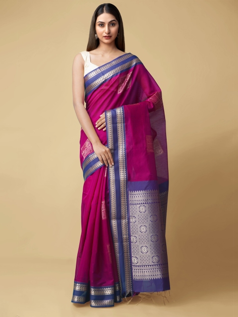

Unnati Silks Pink & Blue Zari Silk Cotton Baluchari Saree