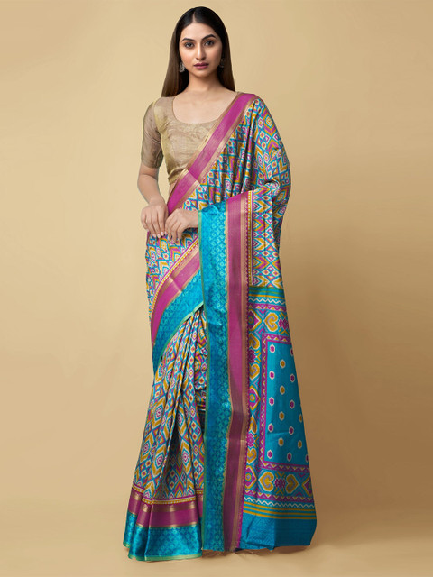

Unnati Silks Blue & Pink Zari Art Silk Patola Saree