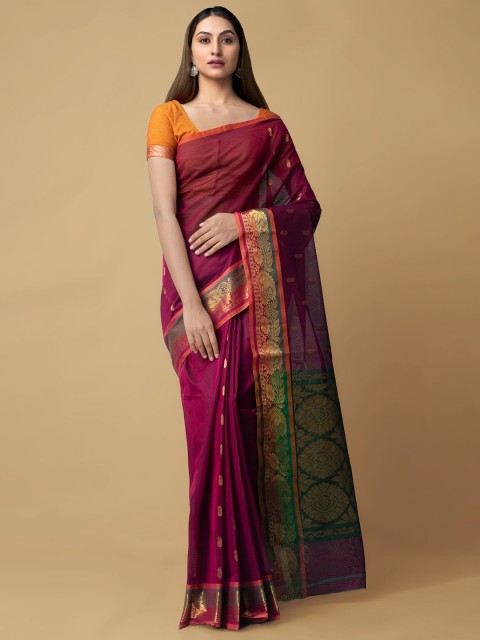 

Unnati Silks Magenta & Green Woven Design Zari Silk Cotton Venkatgiri Saree