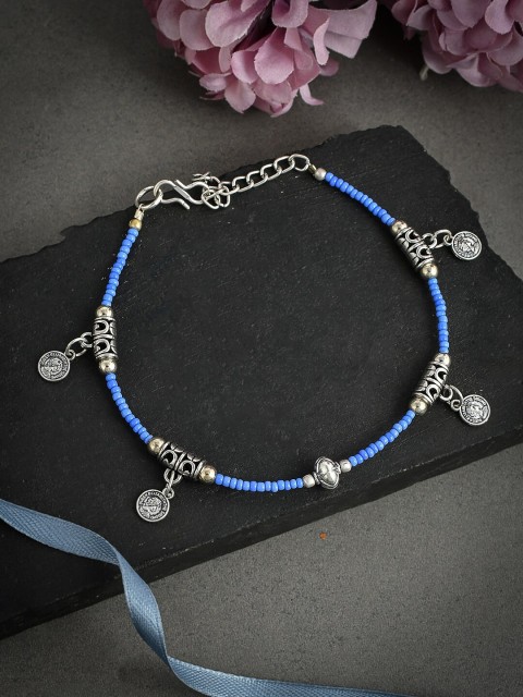 

Silvermerc Designs Blue Silver-Plated & Beaded Handcrafted Celtic Coin Charm Anklet