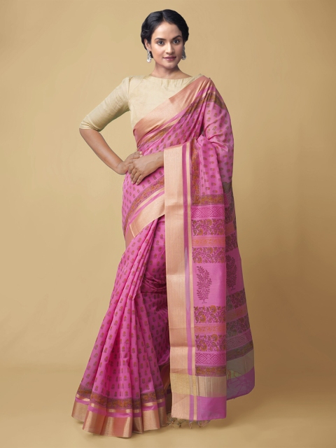 

Unnati Silks Pink & Yellow Ethnic Motifs Zari Silk Cotton Chanderi Saree