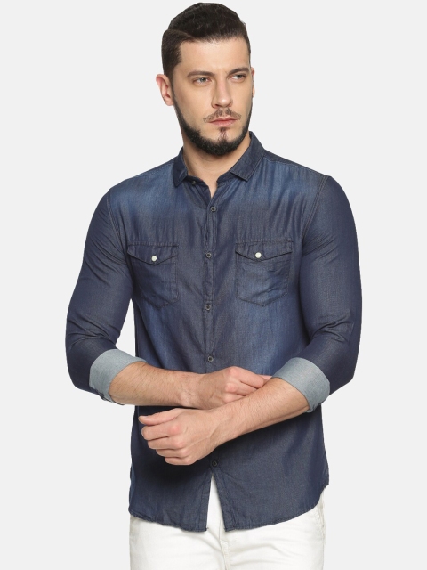 

WITH Men Navy Blue Faded Casual Shirt